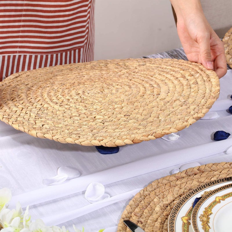 WENFOME 4 Pieces Round Woven Placemats, 13.8 inch Plate Chargers Natural Wicker Placemats Water Hyacinth Straw Braided Tablemats Rattan Tablemats Rustic Weave Placemats for Table Decoration - Image 5